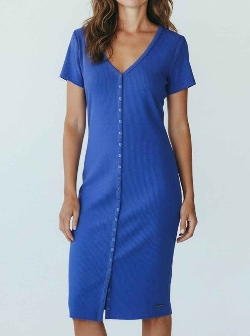 GUESS Royal Midi Bodycon Ribbed Button Front Fitted Stretchy Y2K Dress Size L
